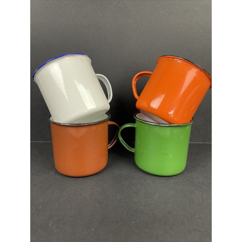 Set of 4 Vintage Peacock Enamelware Camping Mugs Green Orange Brown White China